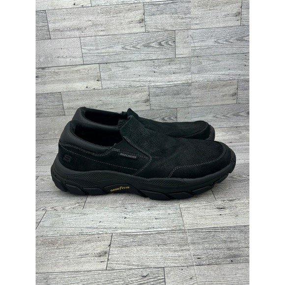 Skechers Relaxed Fit Men Size 10.5 Black Leather Slip‎ On Shoes 204480 Goodyear